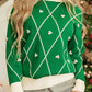 Dark Green Diamond Pattern Pom Accents Contrast Trim High Neck Sweater