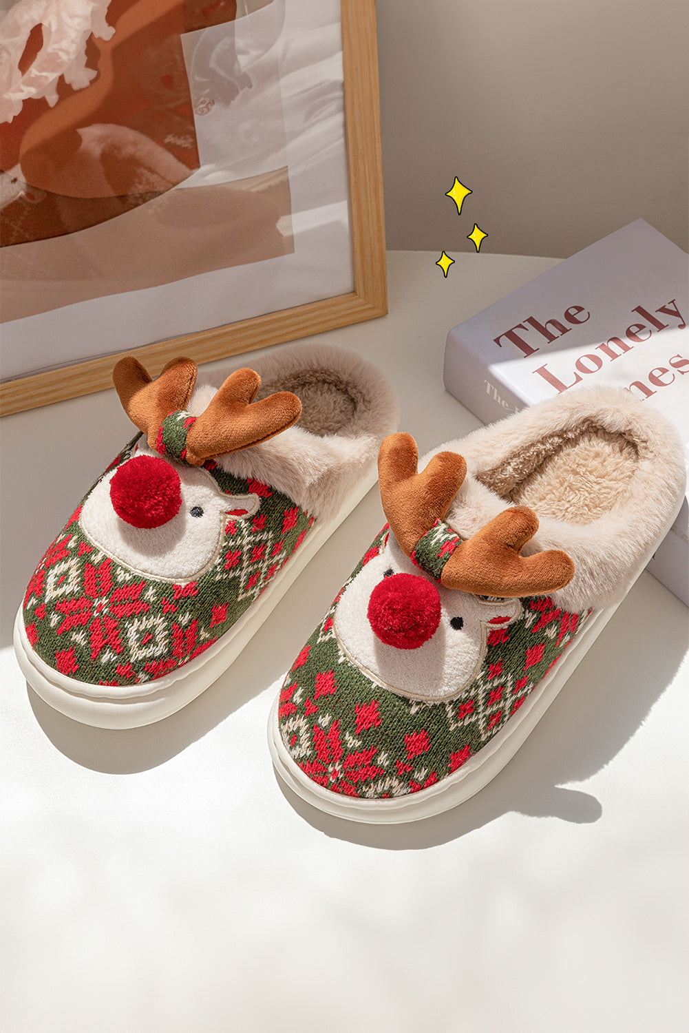 Dark Green Christmas Cartoon Reindeer Plush Home Slippers