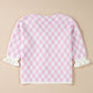 Light Pink Checkered Knitted Lace-up Ruffled 3/4 Sleeve Cardigan