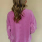 Bright Pink Solid Color Notched Neck Drop Shoulder Sweatshirt