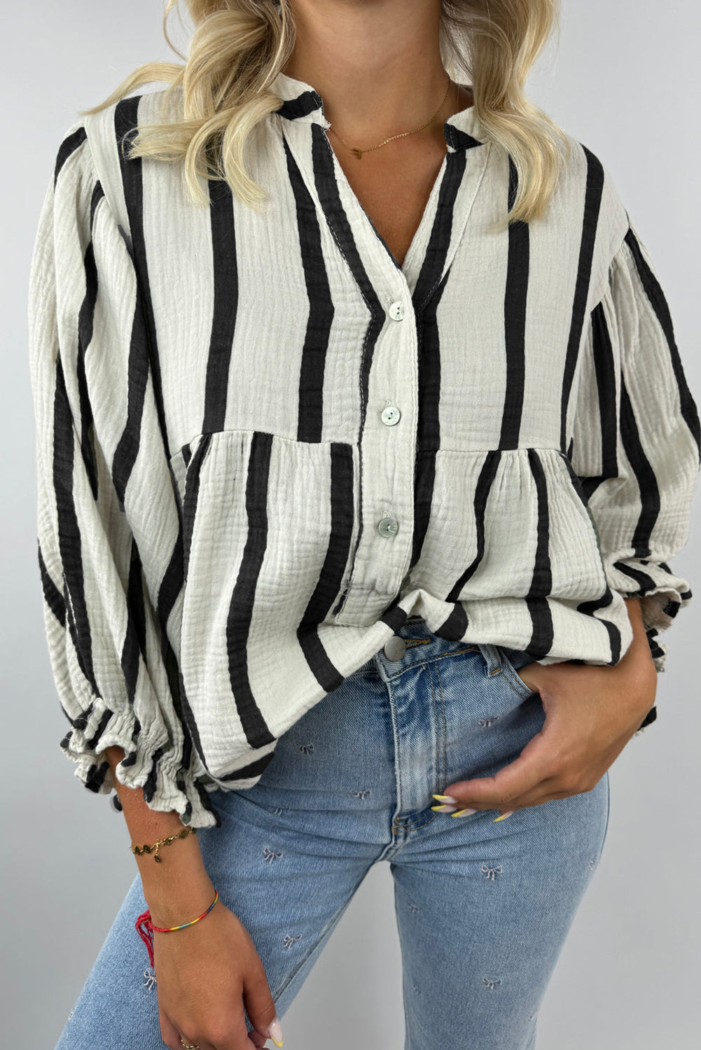 Black Stripe Crinckled Ruffled Sleeve Button up Loose Shirt