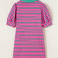 Pink Stripe Collared V Neck Puff Sleeve T Shirt Dress