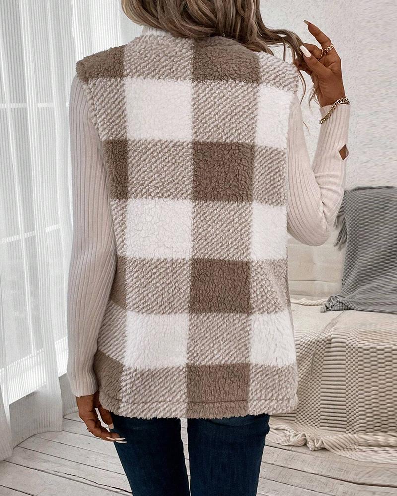 Plaid Pattern Pocket Design Teddy Vest Coat