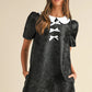 Black Floral Embossed Puff Sleeve Colorblock Bow Collared Mini Dress