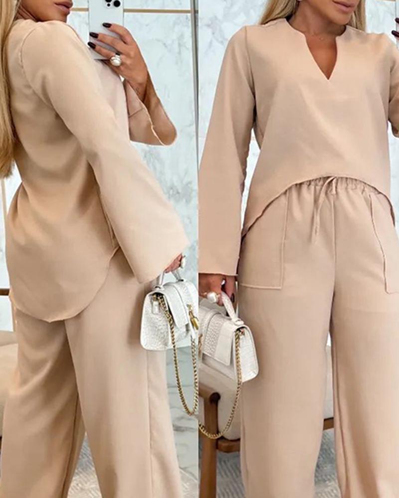 Asymmetrical Hem Notch Neck Top & Drawstring Straight Leg Pants Set