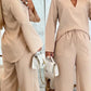 Asymmetrical Hem Notch Neck Top & Drawstring Straight Leg Pants Set