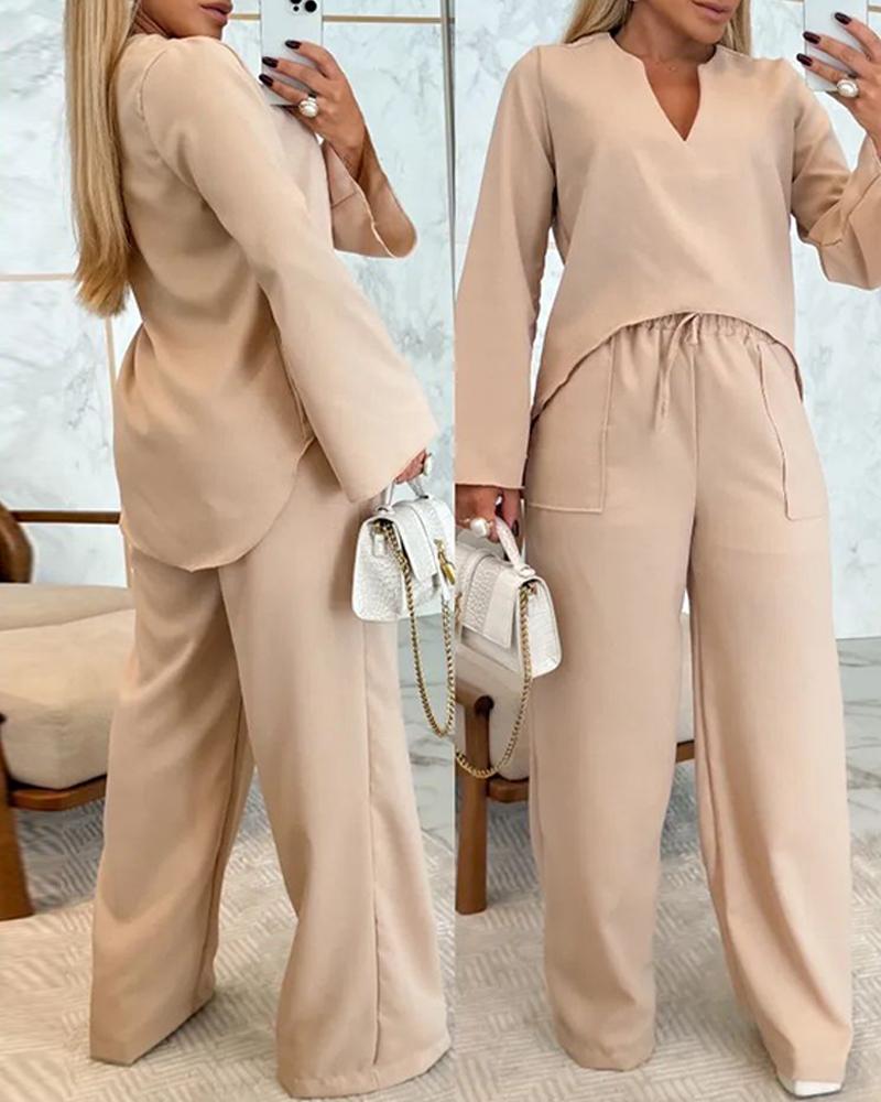 Asymmetrical Hem Notch Neck Top & Drawstring Straight Leg Pants Set