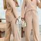 Asymmetrical Hem Notch Neck Top & Drawstring Straight Leg Pants Set