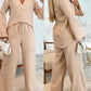 Asymmetrical Hem Notch Neck Top & Drawstring Straight Leg Pants Set