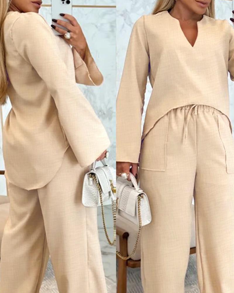 Asymmetrical Hem Notch Neck Top & Drawstring Straight Leg Pants Set