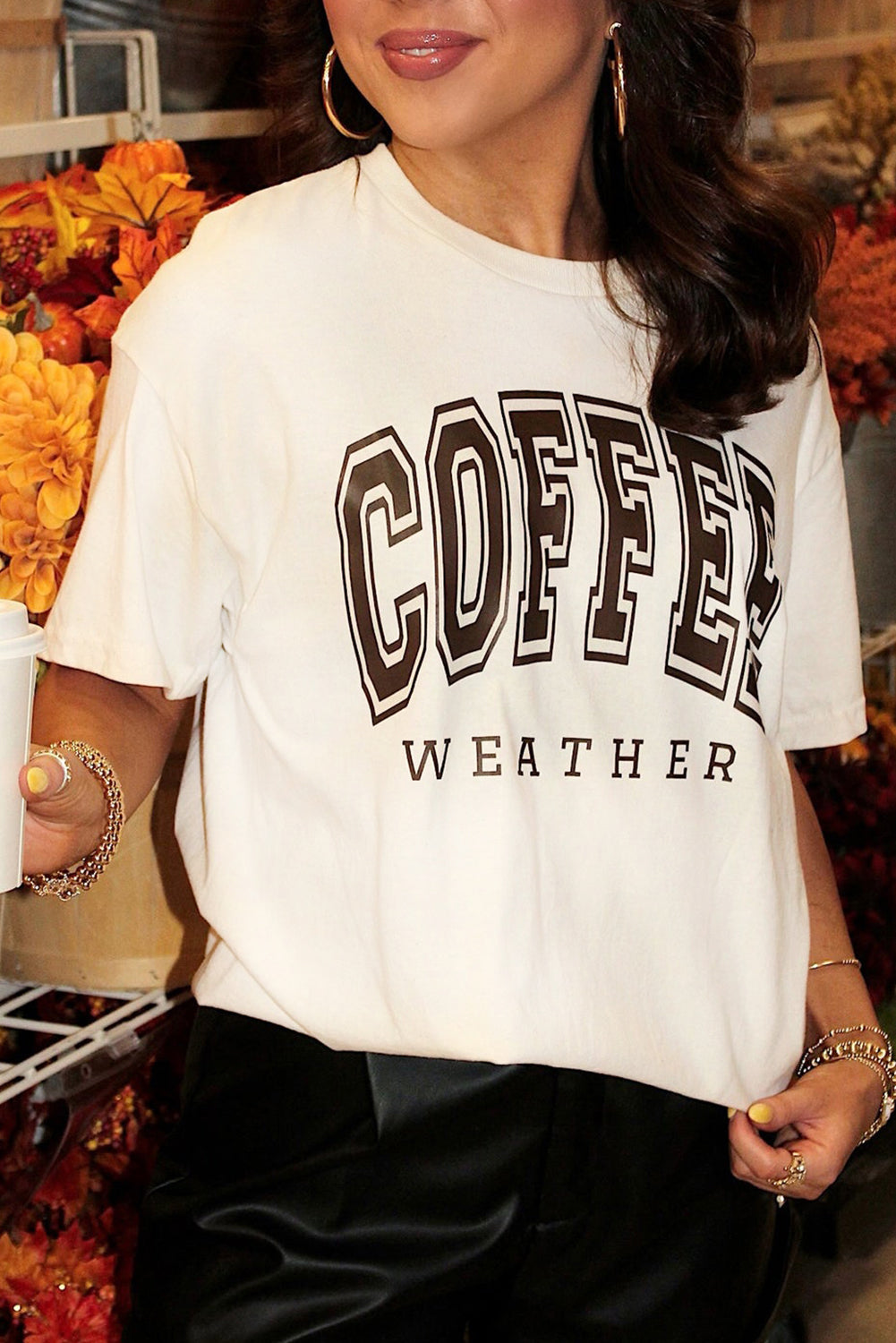 White COFFEE WEATHER Round Neck Graphic T Shirt