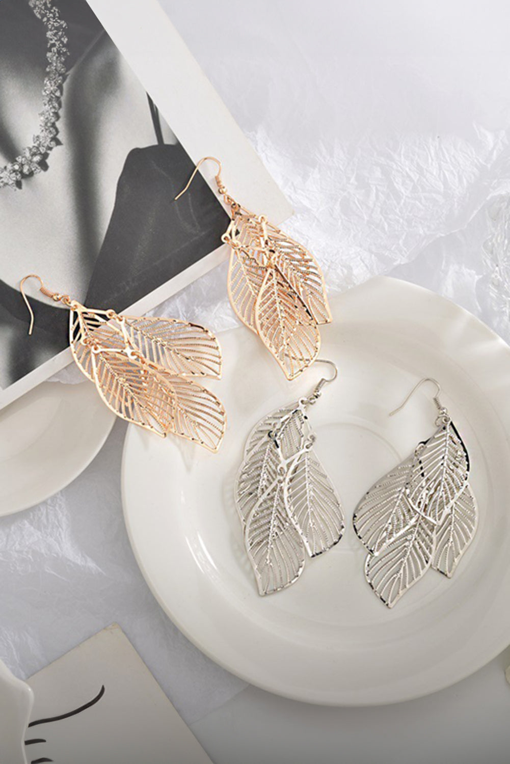 Gold Hollow Out Leaves Plated Alloy Hook Earrings