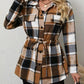 Plaid Pattern Flap Detail Drawstring Waist Button Front Coat