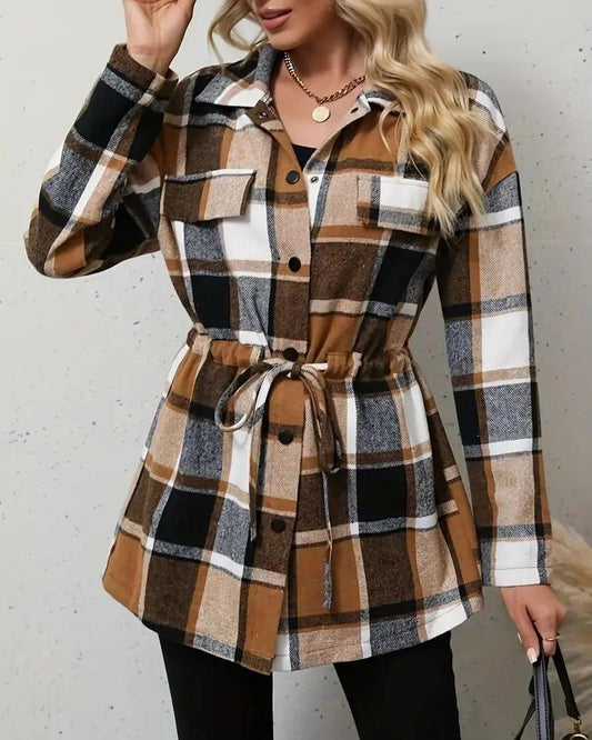 Plaid Pattern Flap Detail Drawstring Waist Button Front Coat