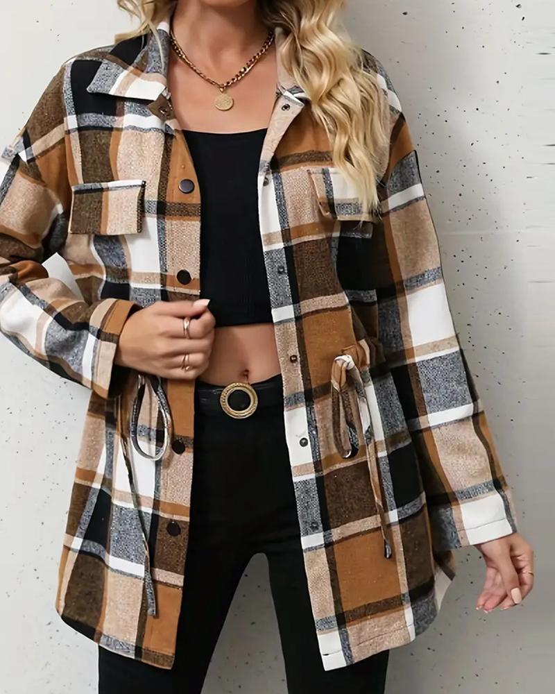 Plaid Pattern Flap Detail Drawstring Waist Button Front Coat