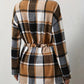 Plaid Pattern Flap Detail Drawstring Waist Button Front Coat