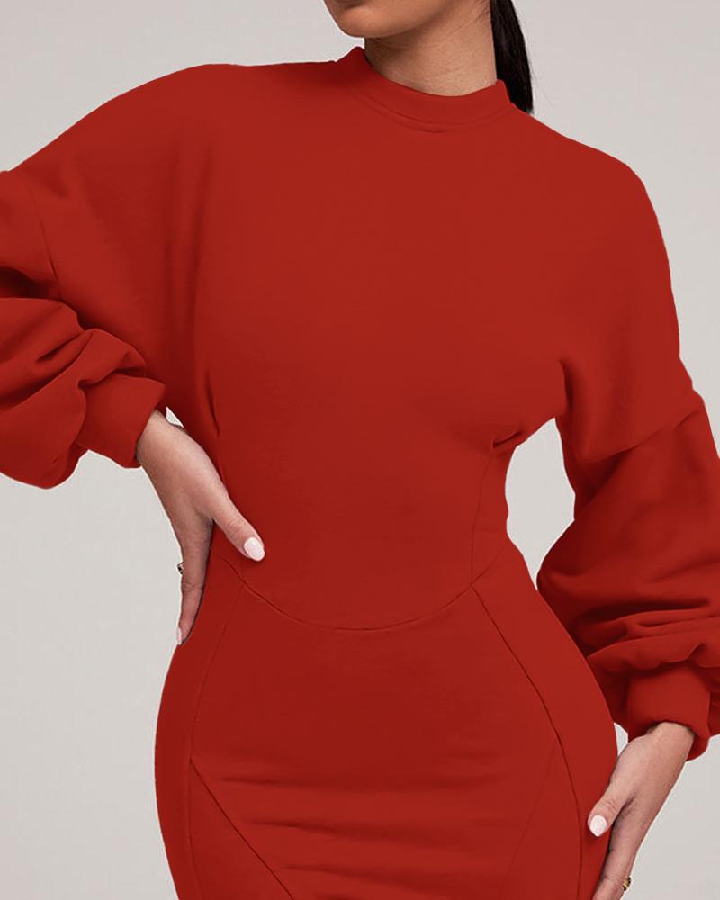 O neck Lantern Sleeve Mini Bodycon Sweatshirt Dress