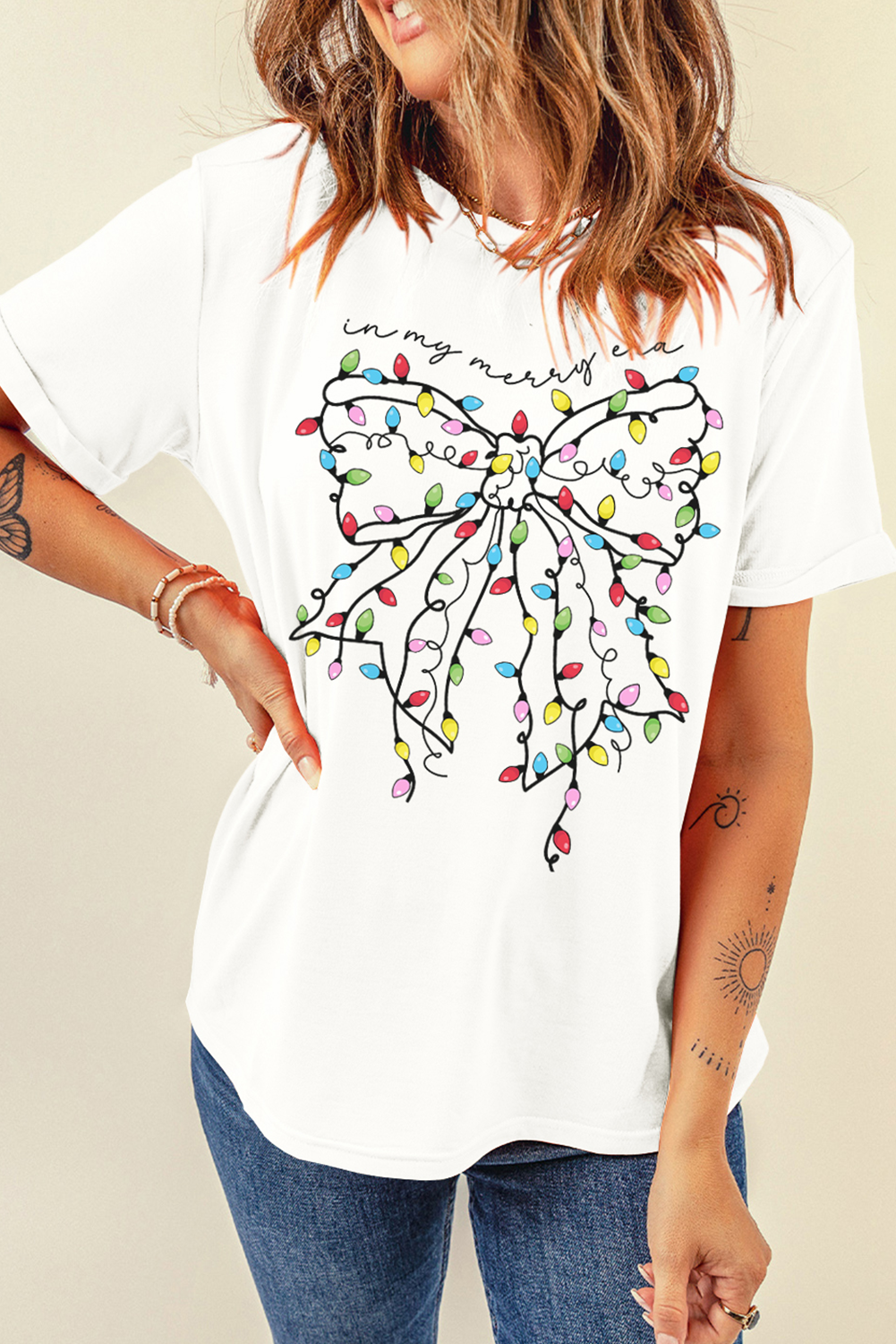 White Colored Light Bowknot Graphic Crewneck T Shirt