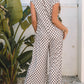 Khaki Checkered Print Buttoned Crew Neck Wide Leg Jumpsuit