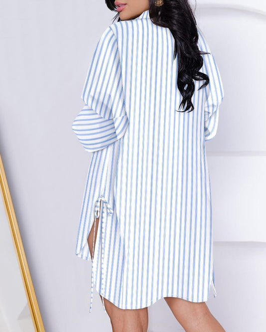 Striped Side Tied Detail Dip Hem Shirt Dress