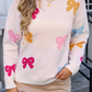 White Valentine Bow Print Crew Neck Drop Shoulder Sweater