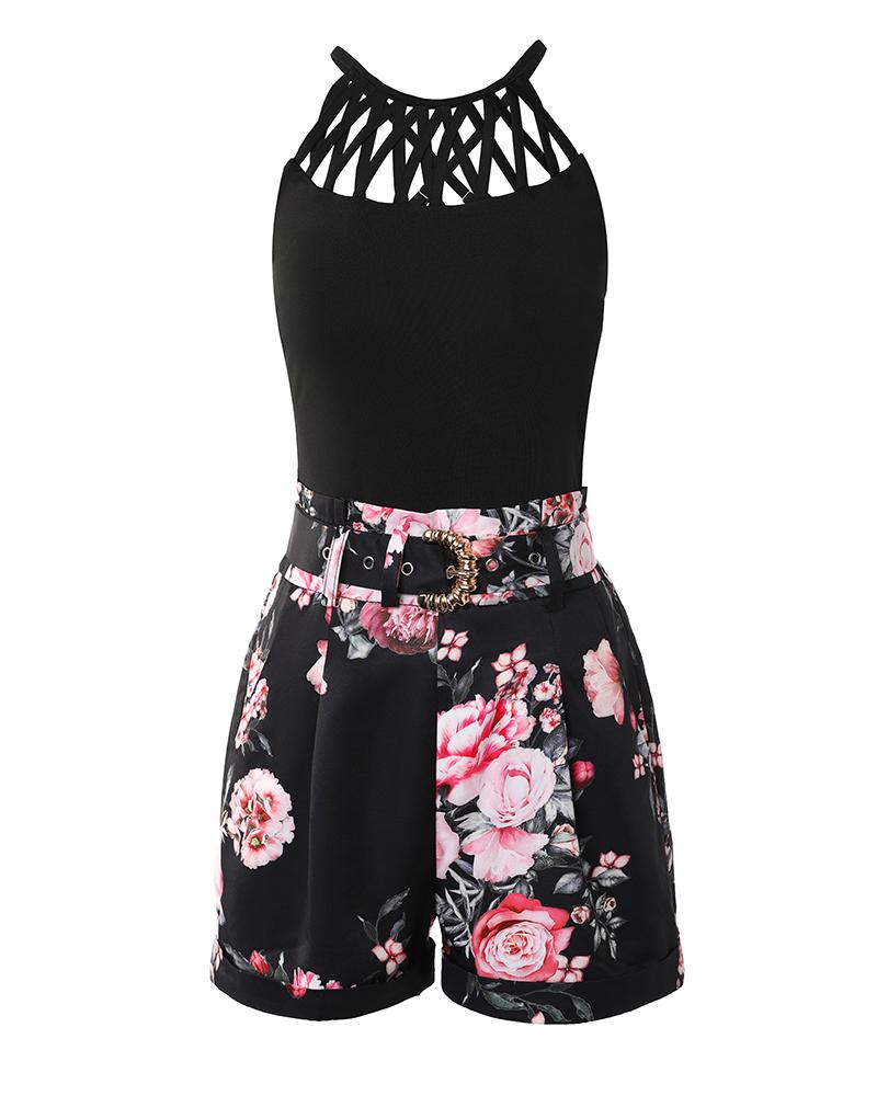 Hollow Out Tank Top & Floral Print Shorts Set With Belt