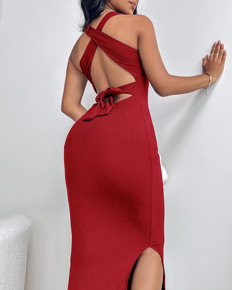 Crisscross Backless Tied Detail Ribbed Dress