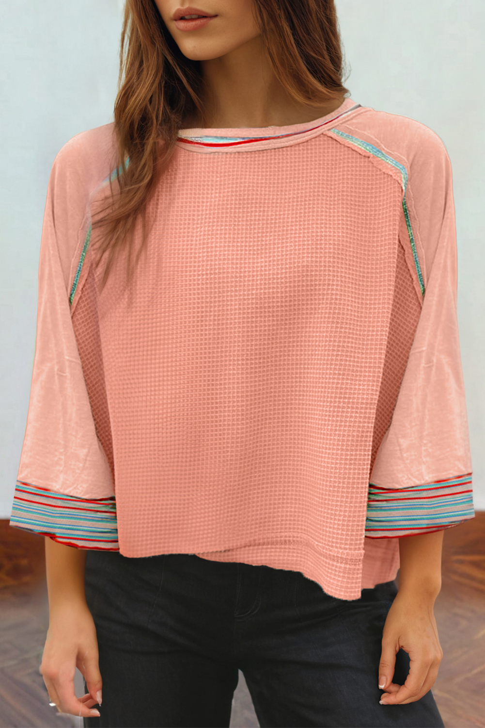 Grapefruit Orange Waffle Knit Wide Bracelet Sleeve Patchwork Raglan Top