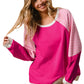 Strawberry Pink Striped Patchwork Crew Neck Raglan Sleeve Top