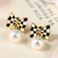 Black Checkered Bow Knot Pearl Pendant Stud Earrings