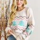 White Striped Christmas Tree Ribbed Trim Drop Shoulder Sweater