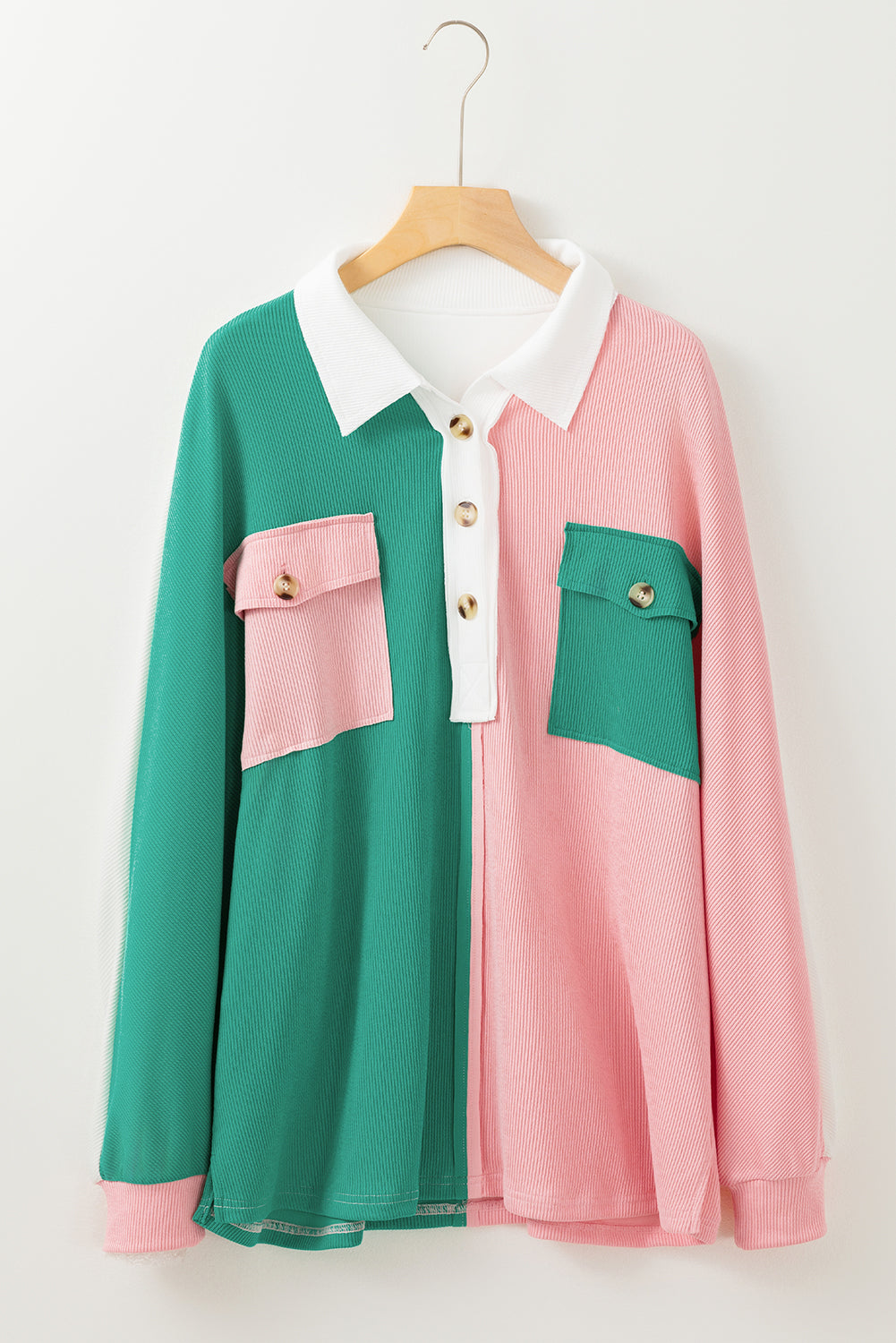 Pink Colorblock Ribbed Collared Oversized Sweatshirt