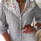 Striped Stand Collar Long Sleeve Lace Trim Shirt Casual Button Down Blouse