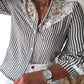 Striped Stand Collar Long Sleeve Lace Trim Shirt Casual Button Down Blouse