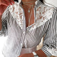 Striped Stand Collar Long Sleeve Lace Trim Shirt Casual Button Down Blouse