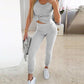 3PCS/Set Ribbed Tank Top & Skinny Pants With Skew Neck Drawstring Hem Top