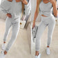 3PCS/Set Ribbed Tank Top & Skinny Pants With Skew Neck Drawstring Hem Top