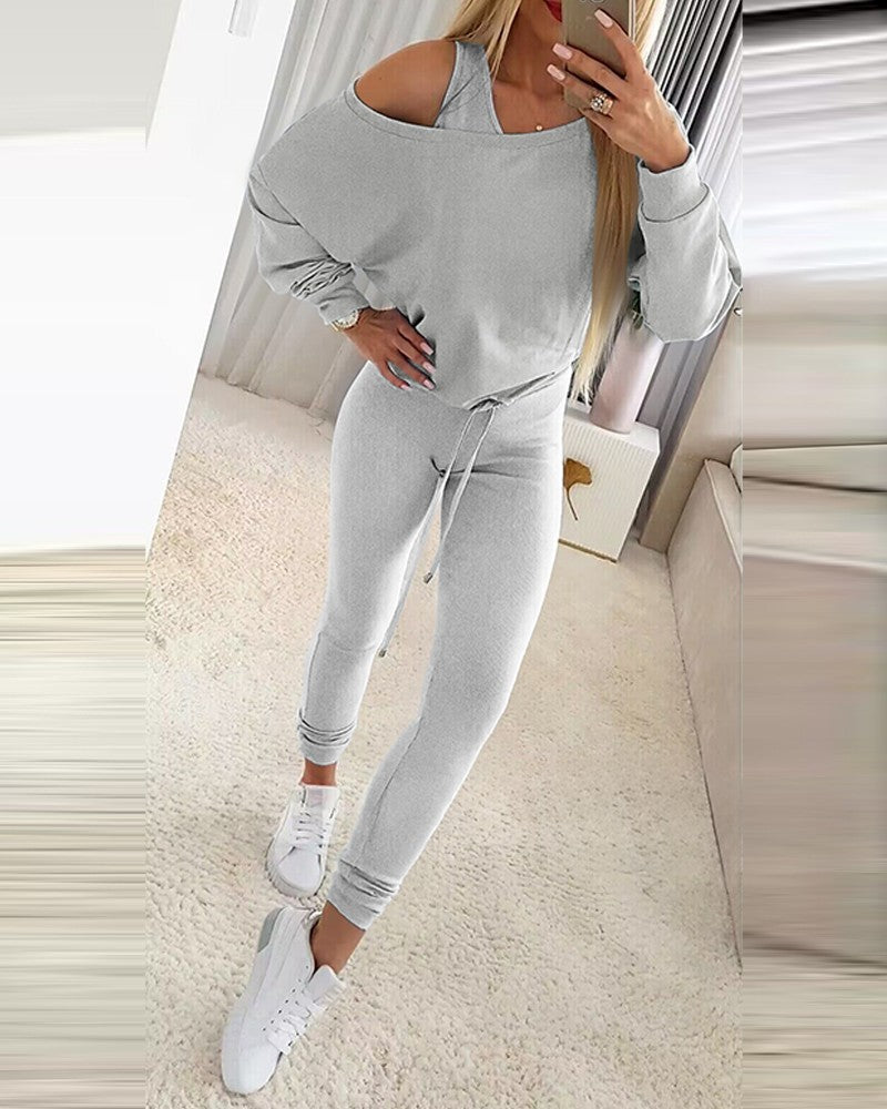 3 Piece Ribbed Tank Top and Crewneck Long Sleeve Tops High Waist Pants Tracksuit