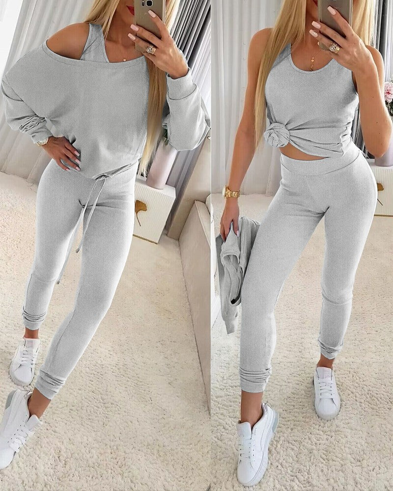 3 Piece Ribbed Tank Top and Crewneck Long Sleeve Tops High Waist Pants Tracksuit