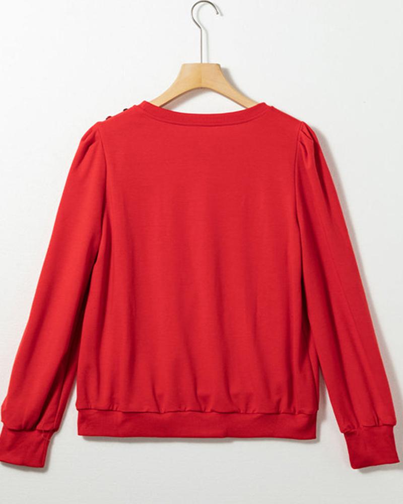 Round Neck Long Sleeve Button Decor Sweatshirt