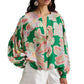 Green Floral Print Button up Pleated Puff Sleeve Loose Shirt