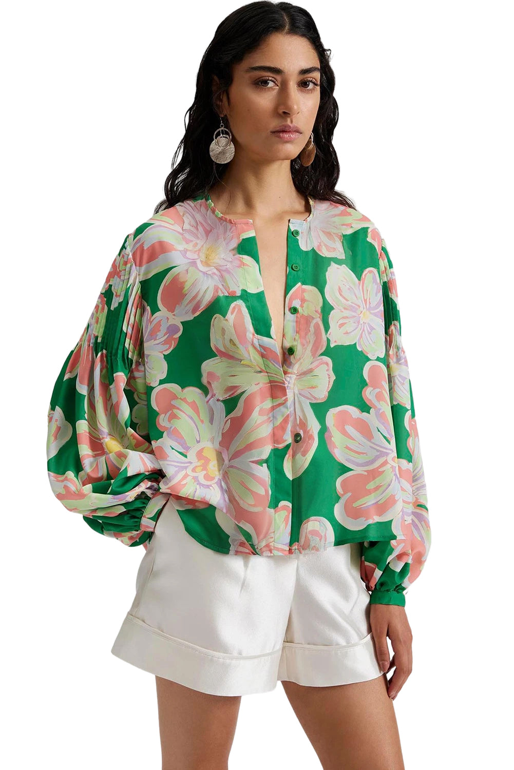 Green Floral Print Button up Pleated Puff Sleeve Loose Shirt