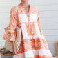 Orange Geometric Print Ruffle Tiered Button V Neck Dress