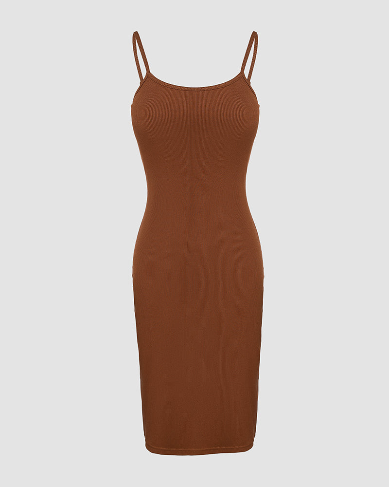 Shapewear Dress Bodycon Midi Dress Built in Bra Summer Casual Tummy Control Slip Dress with Adjustable Straps