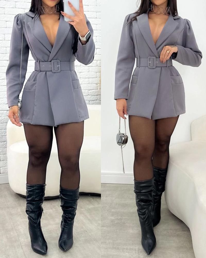 Notched Collar Puff Sleeve 2 in 1 Blazer Romper With Detachable Belt