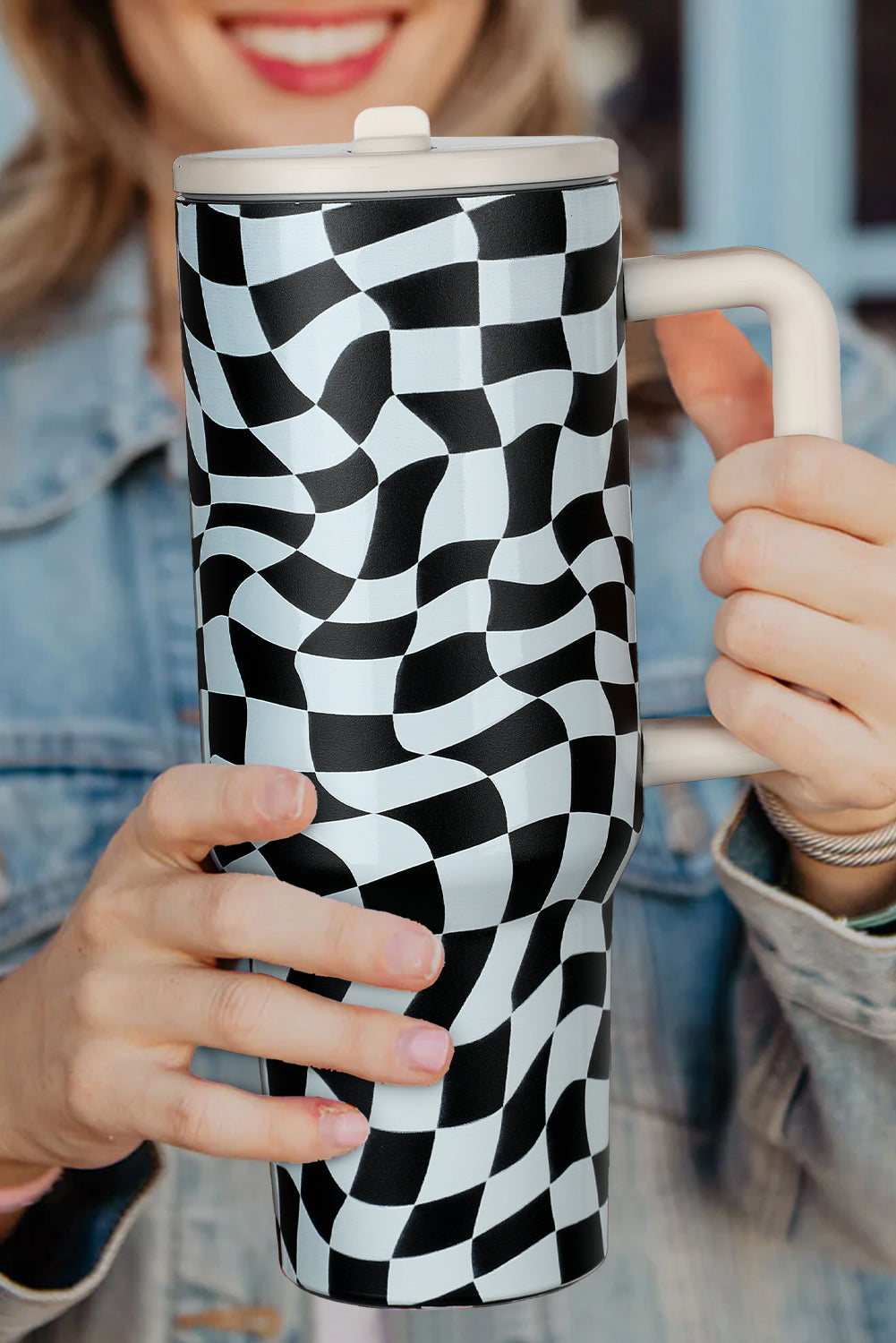 Color black Crazy Checkerboard Vacuum Insulated Travel Cup