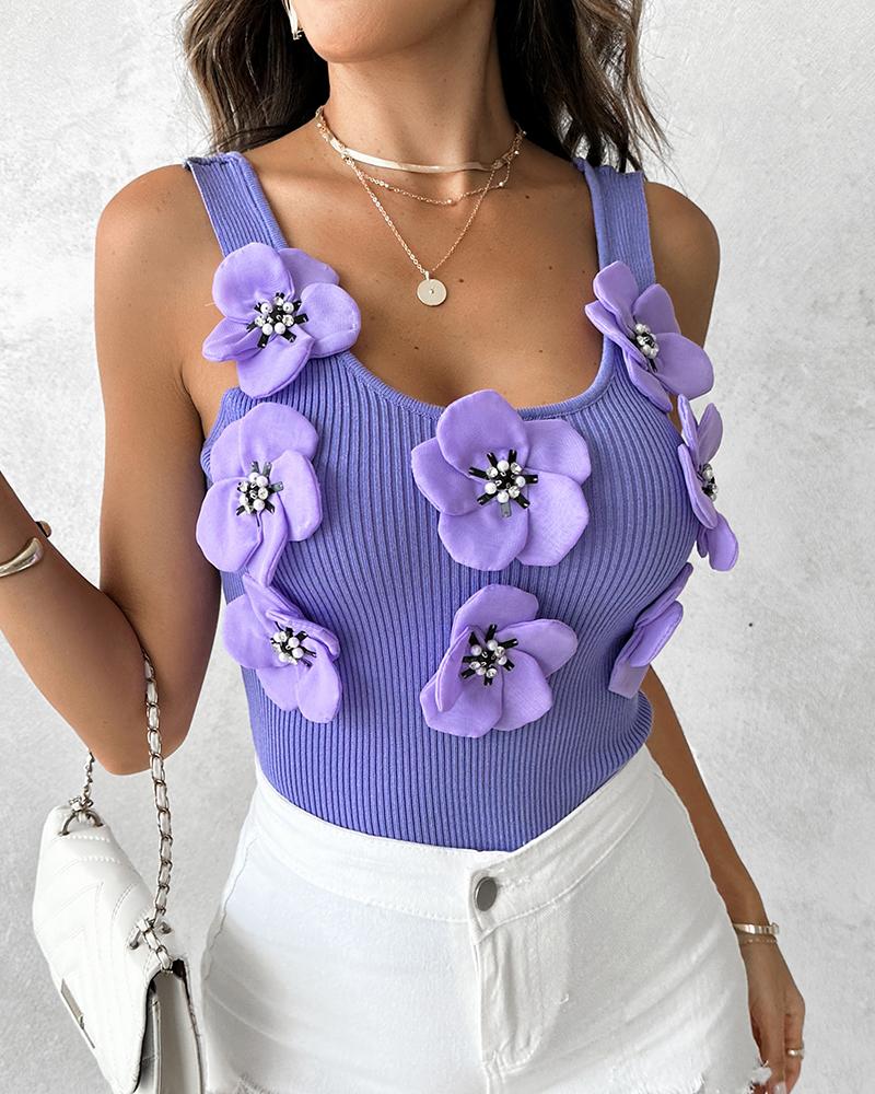 Floral Pattern Beaded Knit Tank Top