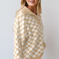 Apricot Checkered Buttons Collar V Neck Drop Shoulder Sweater