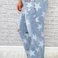 Sky Blue Star Printed Multi Buttons Slit Knee Destroyed Plus Size Jeans