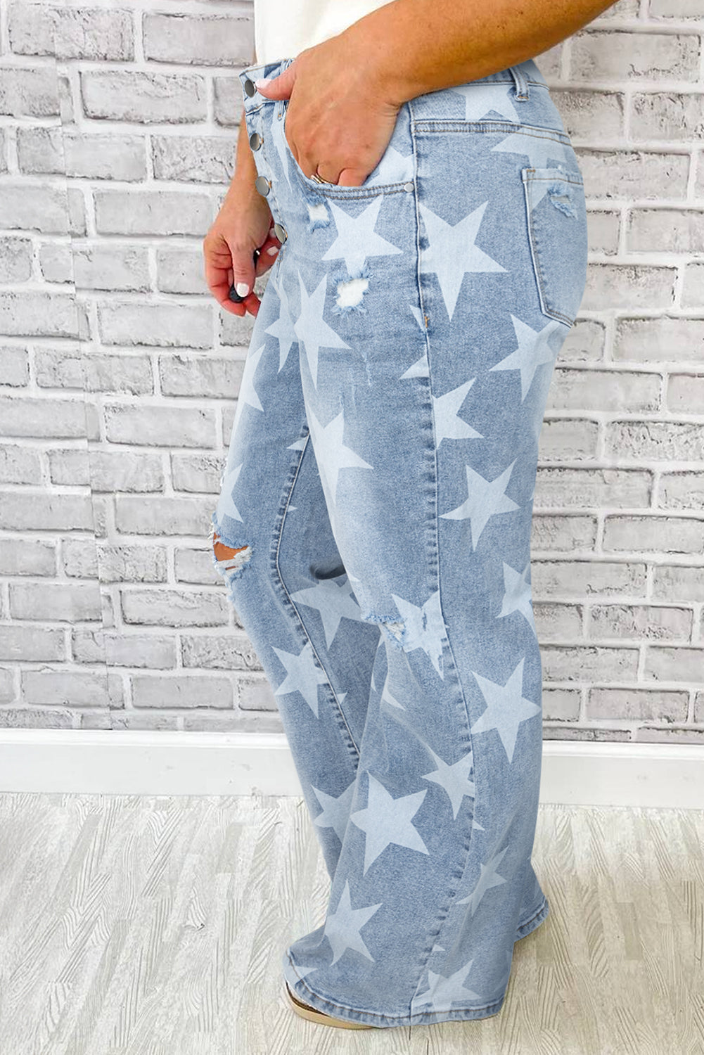 Sky Blue Star Printed Multi Buttons Slit Knee Destroyed Plus Size Jeans